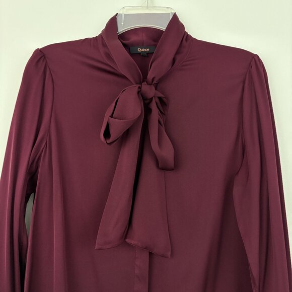 Quince Washable Stretch Silk Tie Neck Blouse Size M Wine Tasting Button Up - Picture 5 of 11